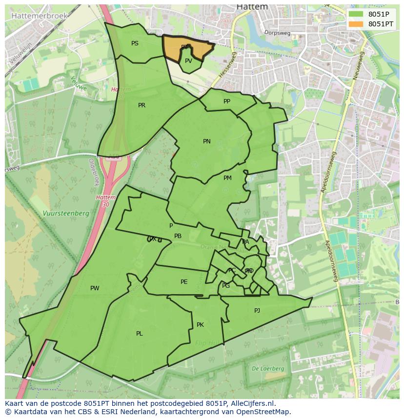 Afbeelding van het postcodegebied 8051 PT op de kaart.