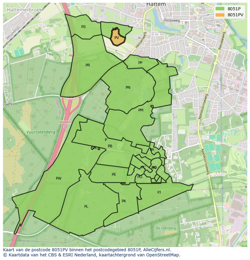 Afbeelding van het postcodegebied 8051 PV op de kaart.