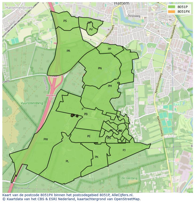 Afbeelding van het postcodegebied 8051 PX op de kaart.