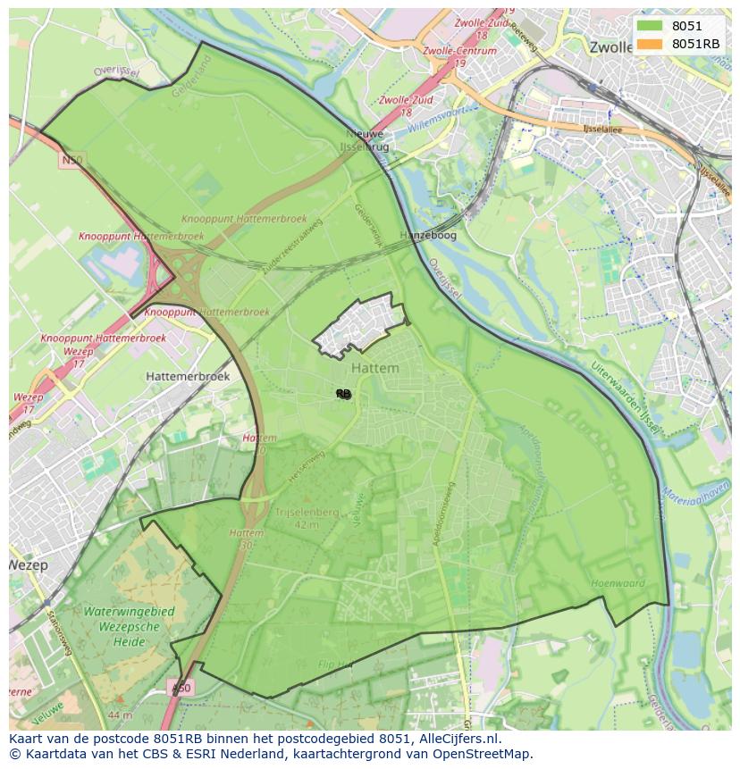 Afbeelding van het postcodegebied 8051 RB op de kaart.