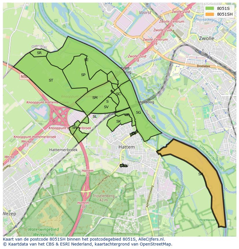 Afbeelding van het postcodegebied 8051 SH op de kaart.