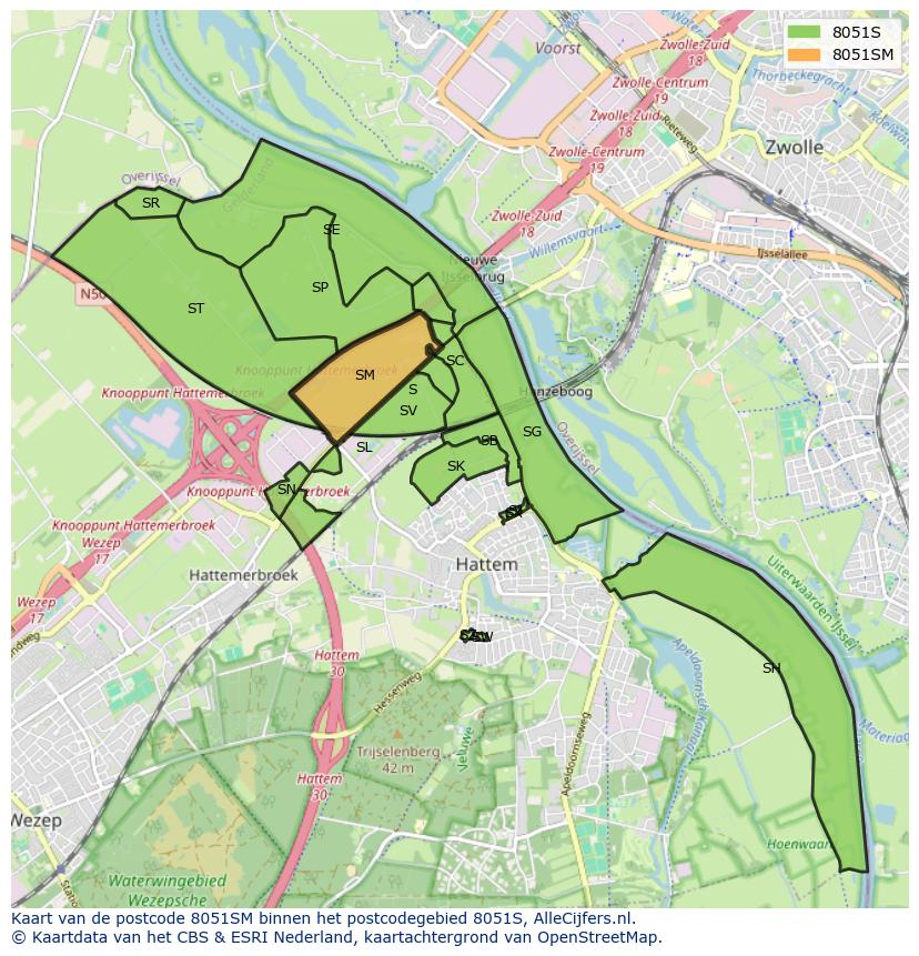 Afbeelding van het postcodegebied 8051 SM op de kaart.