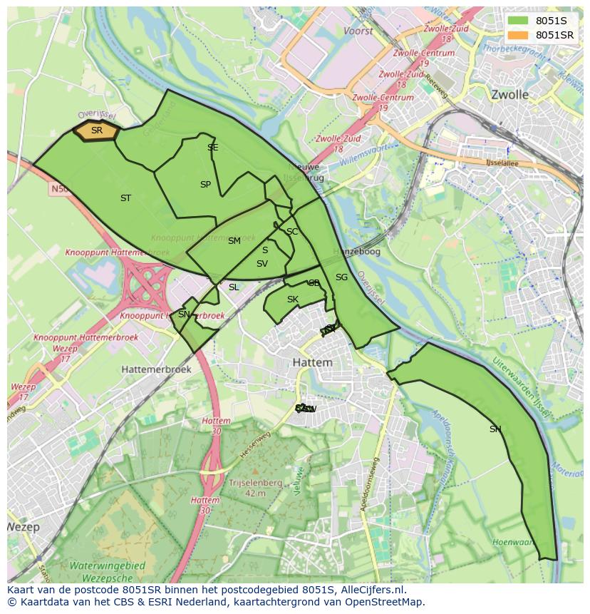 Afbeelding van het postcodegebied 8051 SR op de kaart.