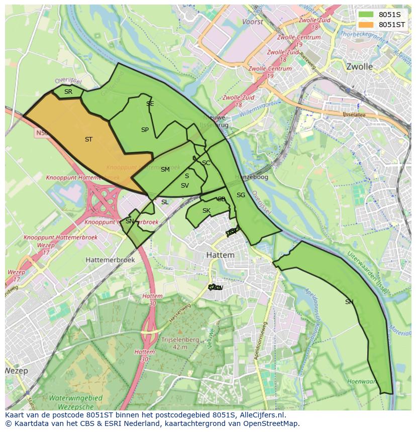 Afbeelding van het postcodegebied 8051 ST op de kaart.