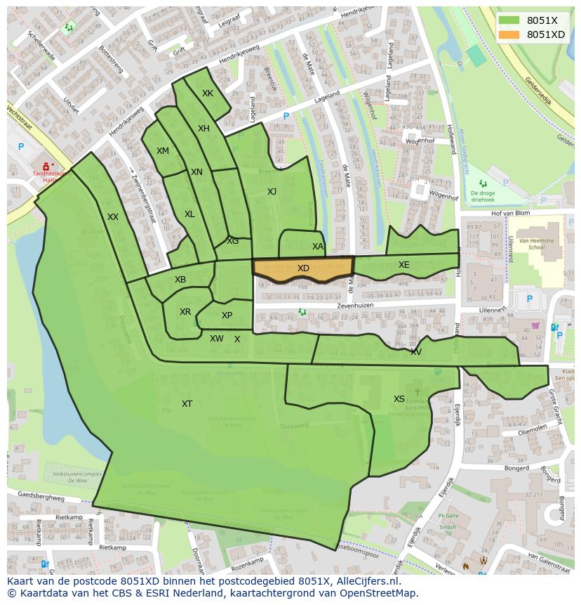 Afbeelding van het postcodegebied 8051 XD op de kaart.