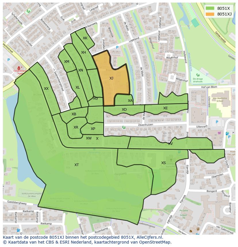 Afbeelding van het postcodegebied 8051 XJ op de kaart.