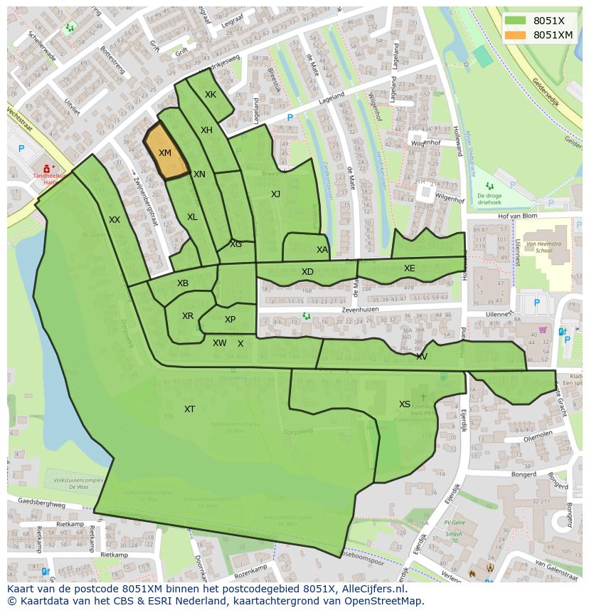 Afbeelding van het postcodegebied 8051 XM op de kaart.