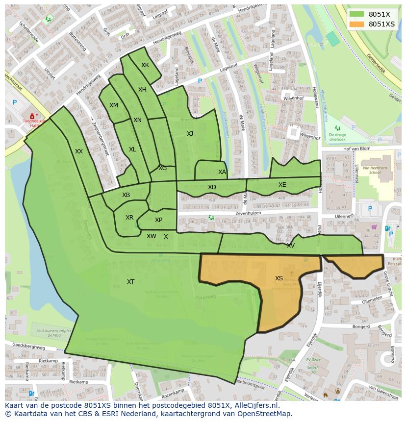 Afbeelding van het postcodegebied 8051 XS op de kaart.