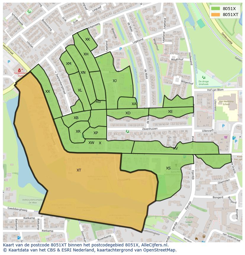 Afbeelding van het postcodegebied 8051 XT op de kaart.