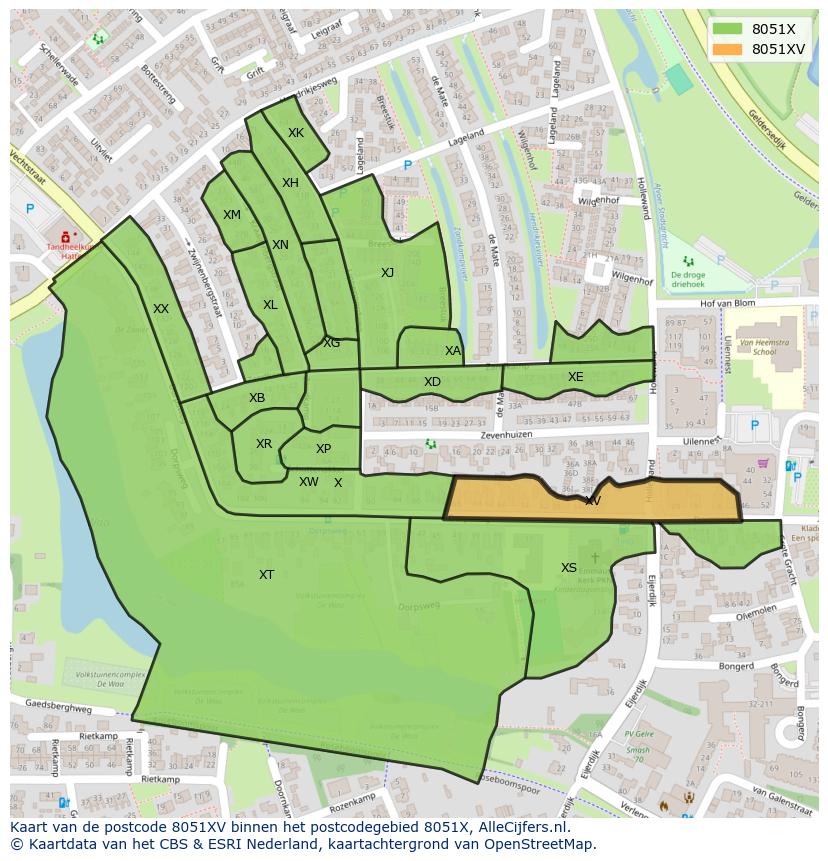 Afbeelding van het postcodegebied 8051 XV op de kaart.