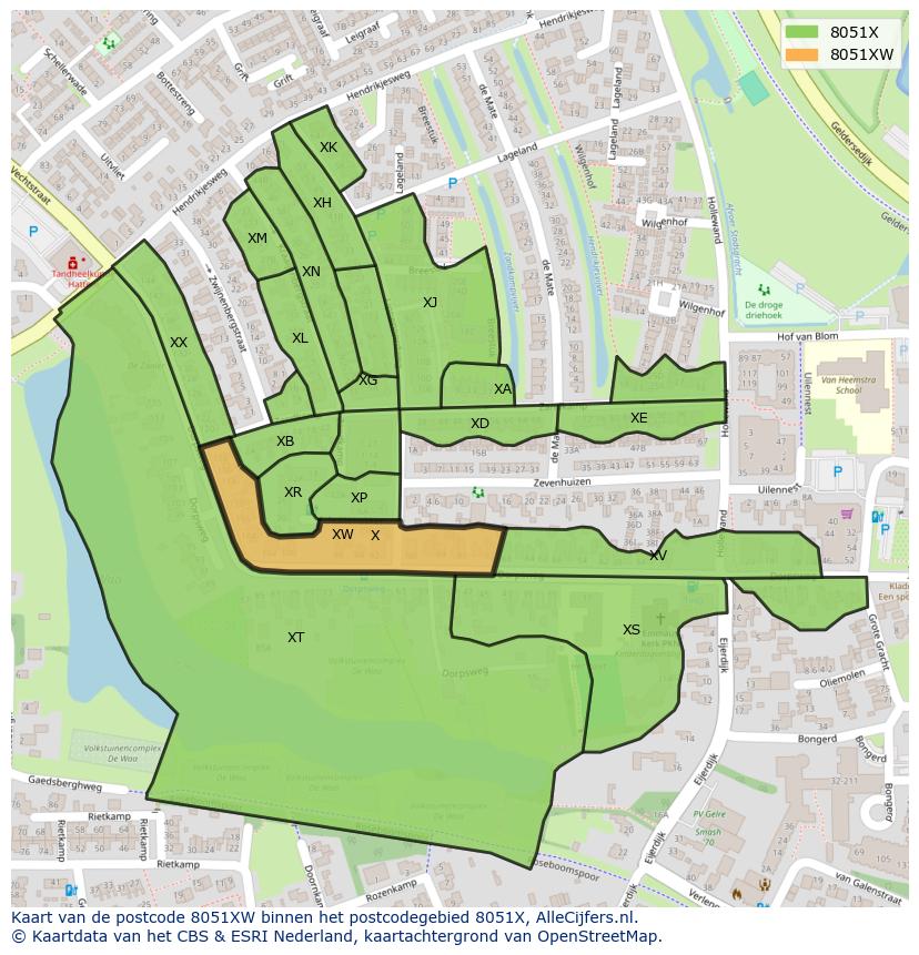 Afbeelding van het postcodegebied 8051 XW op de kaart.
