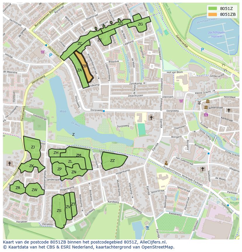 Afbeelding van het postcodegebied 8051 ZB op de kaart.
