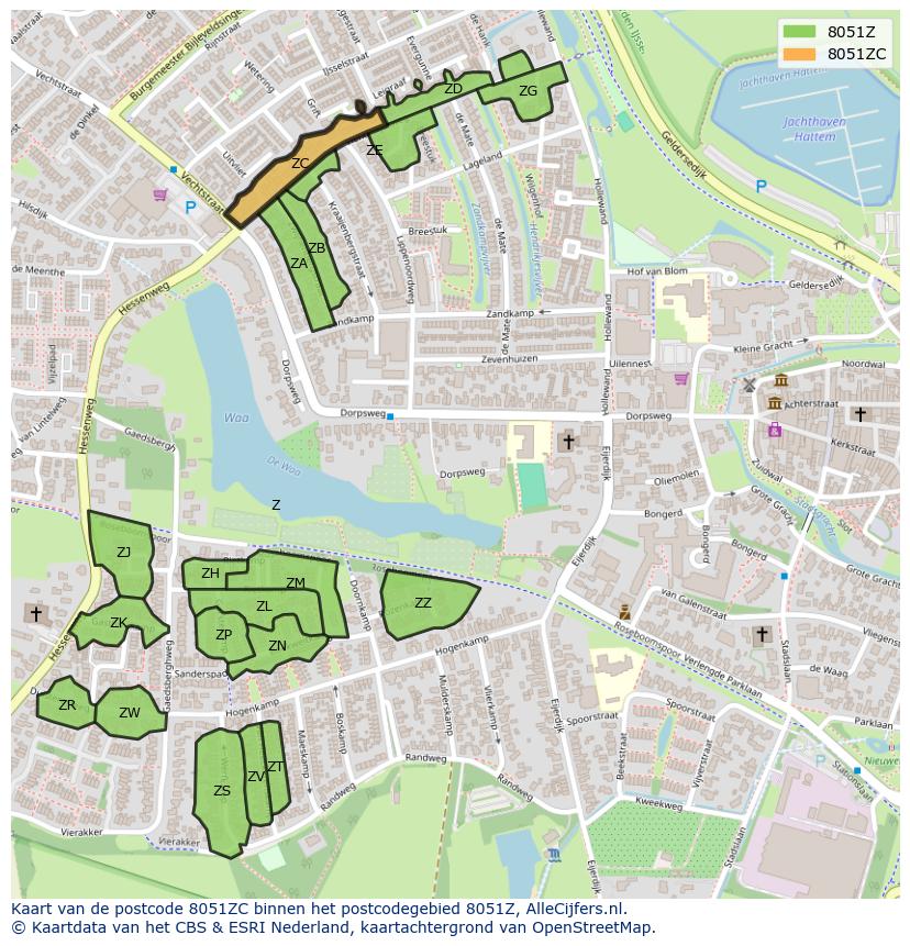 Afbeelding van het postcodegebied 8051 ZC op de kaart.