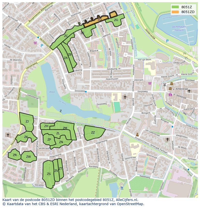 Afbeelding van het postcodegebied 8051 ZD op de kaart.