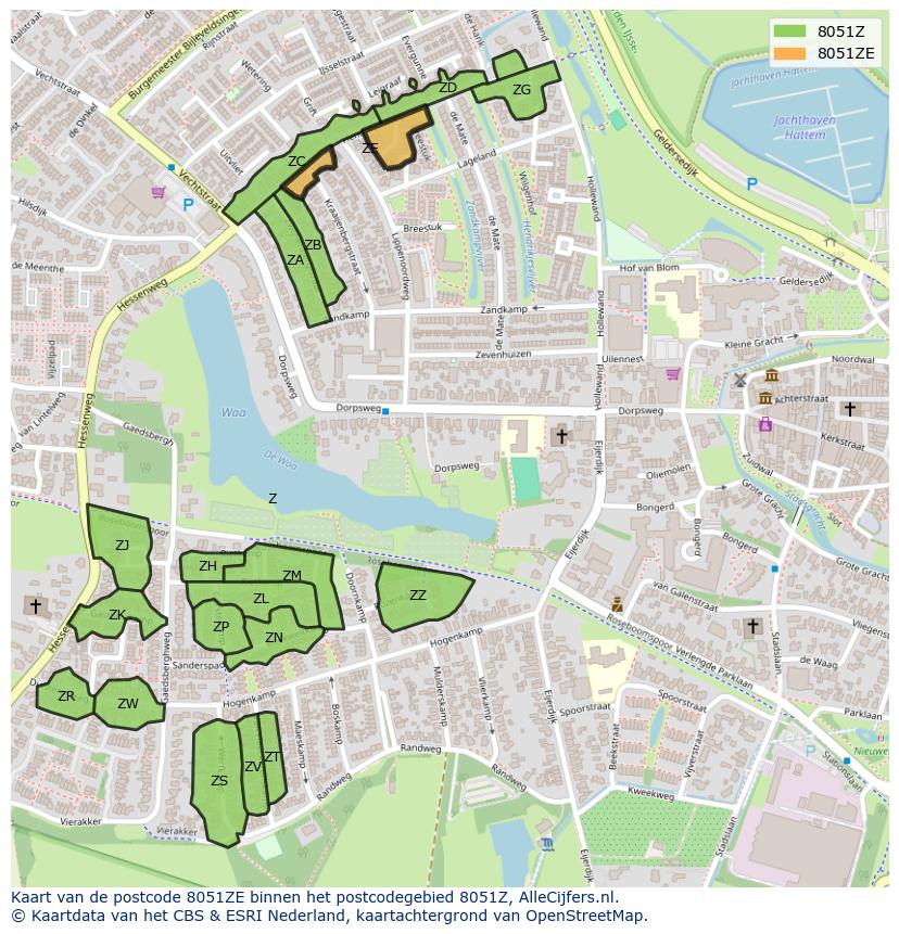 Afbeelding van het postcodegebied 8051 ZE op de kaart.