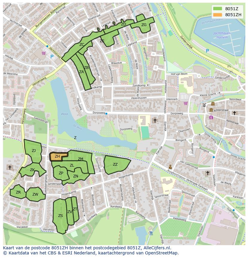 Afbeelding van het postcodegebied 8051 ZH op de kaart.