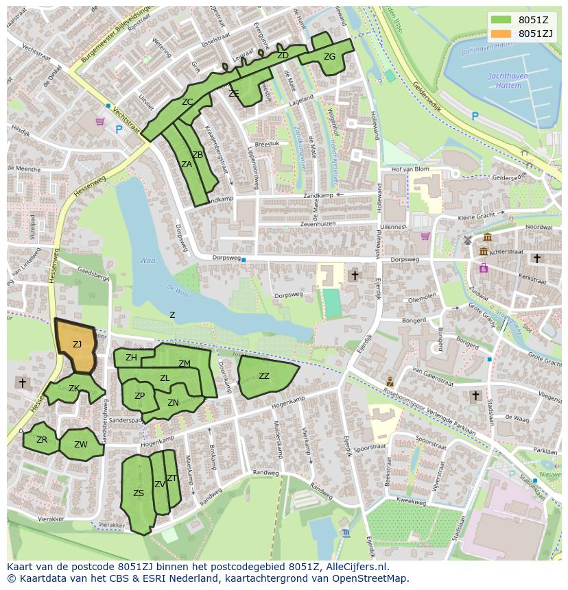 Afbeelding van het postcodegebied 8051 ZJ op de kaart.
