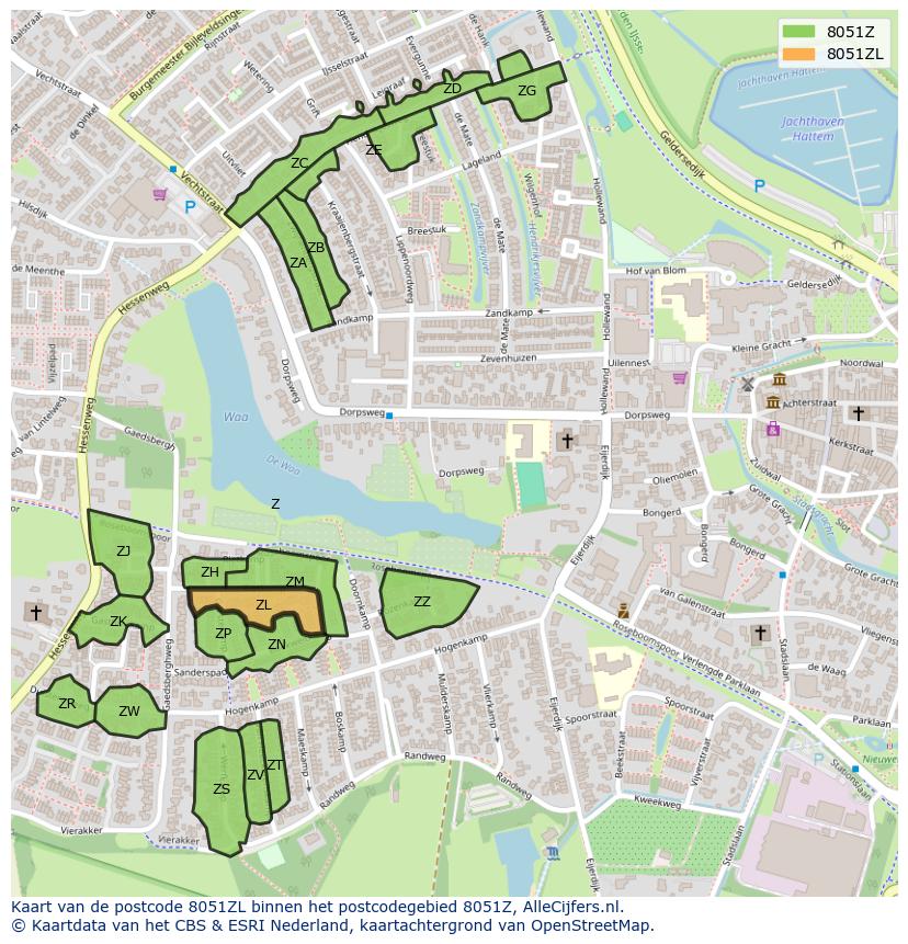 Afbeelding van het postcodegebied 8051 ZL op de kaart.