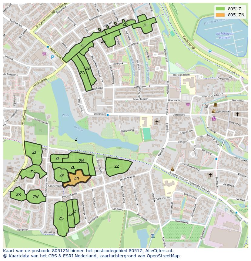 Afbeelding van het postcodegebied 8051 ZN op de kaart.