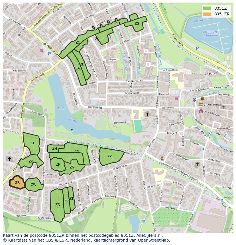 Afbeelding van het postcodegebied 8051 ZR op de kaart.