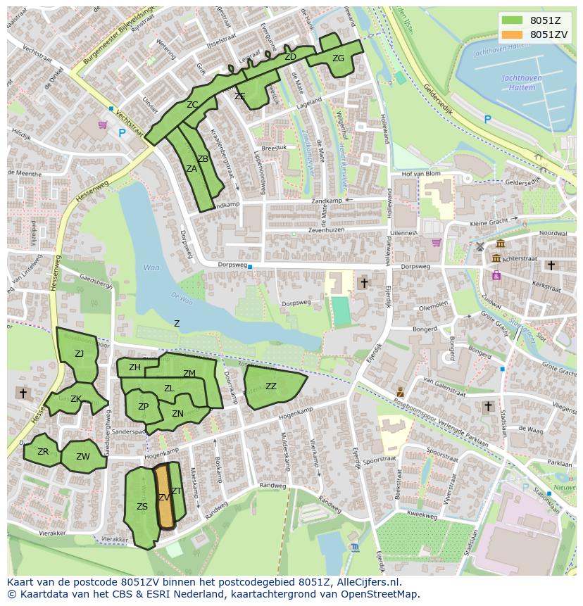 Afbeelding van het postcodegebied 8051 ZV op de kaart.