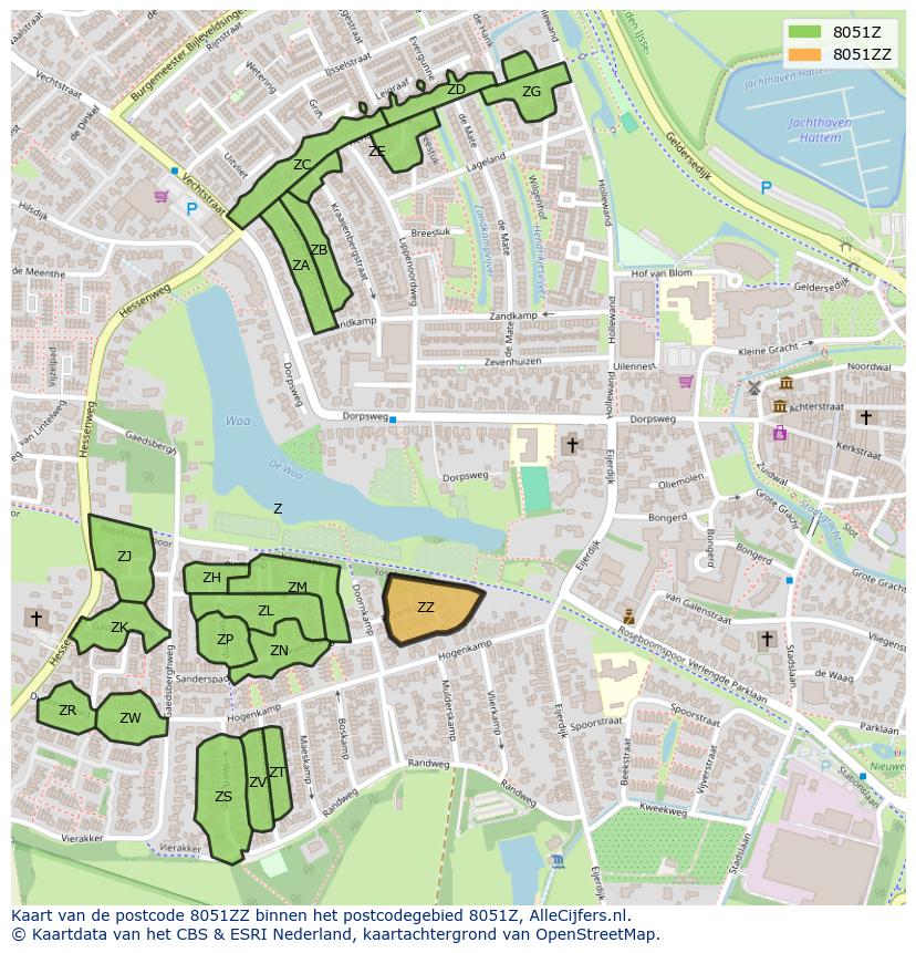 Afbeelding van het postcodegebied 8051 ZZ op de kaart.