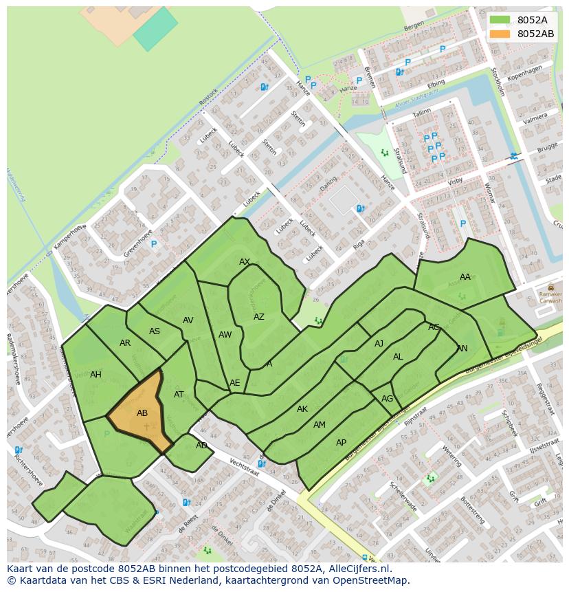 Afbeelding van het postcodegebied 8052 AB op de kaart.