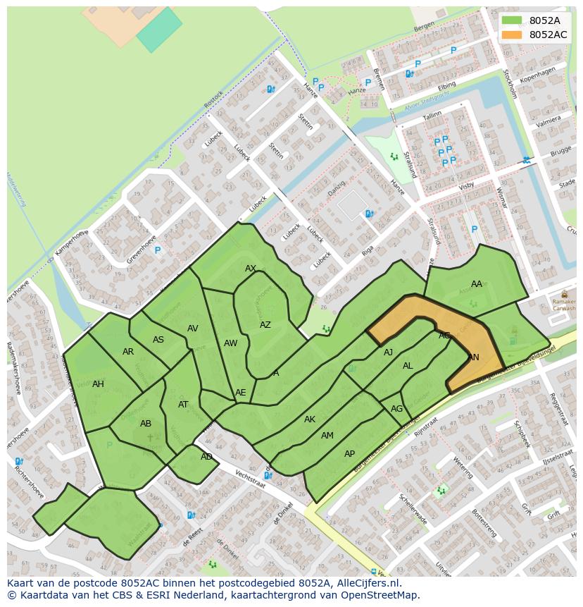 Afbeelding van het postcodegebied 8052 AC op de kaart.