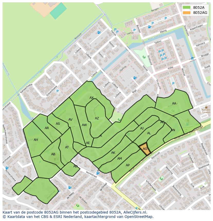 Afbeelding van het postcodegebied 8052 AG op de kaart.