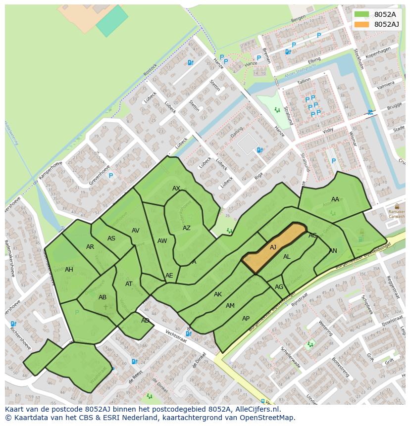 Afbeelding van het postcodegebied 8052 AJ op de kaart.