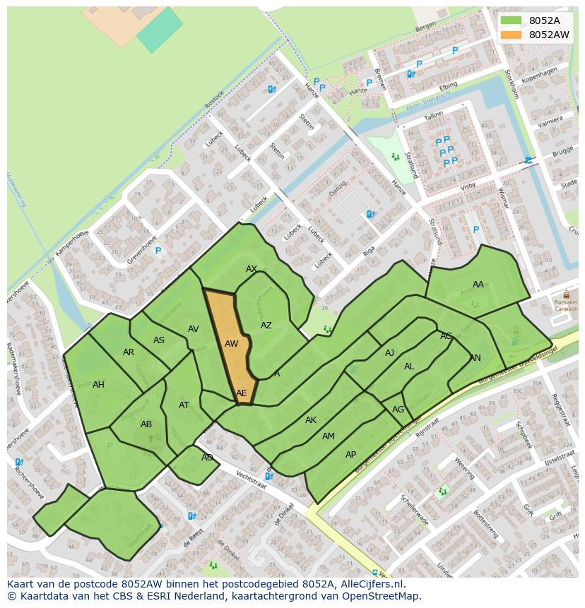 Afbeelding van het postcodegebied 8052 AW op de kaart.