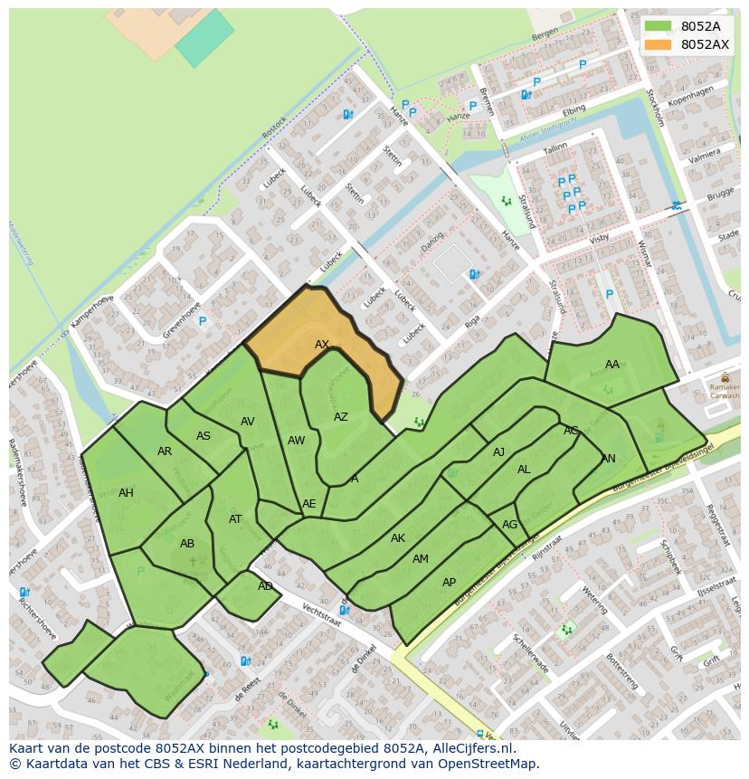 Afbeelding van het postcodegebied 8052 AX op de kaart.