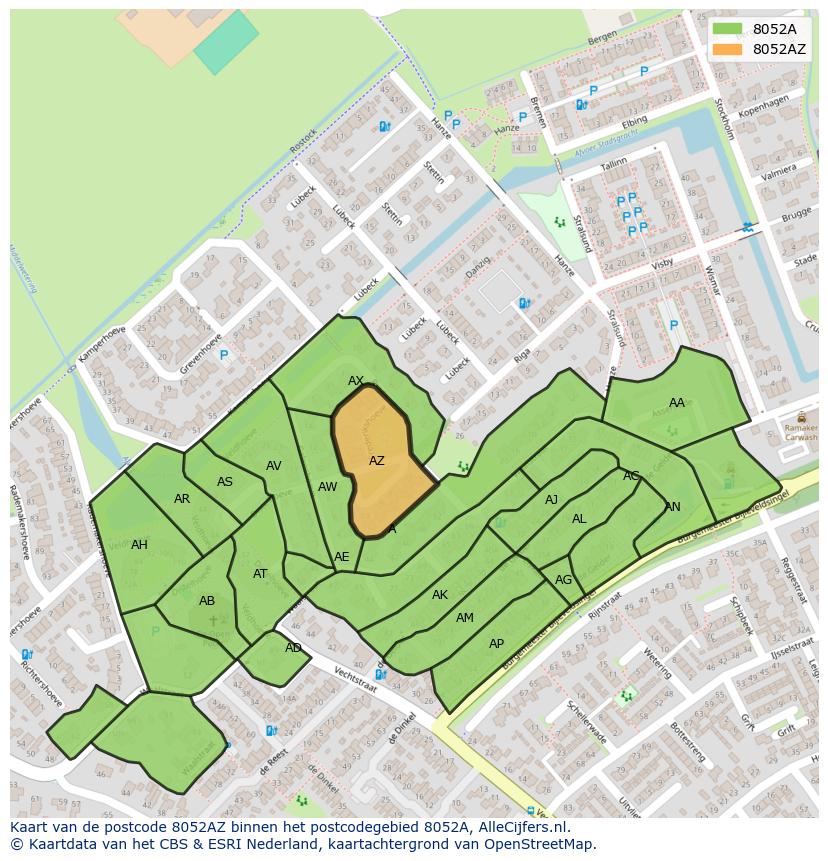 Afbeelding van het postcodegebied 8052 AZ op de kaart.