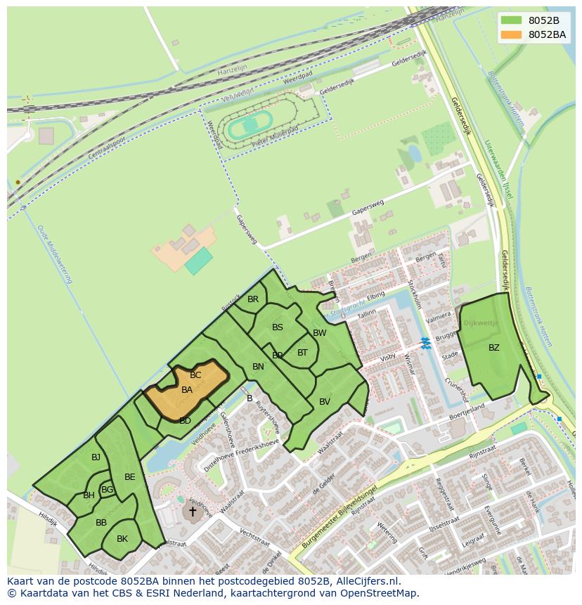 Afbeelding van het postcodegebied 8052 BA op de kaart.