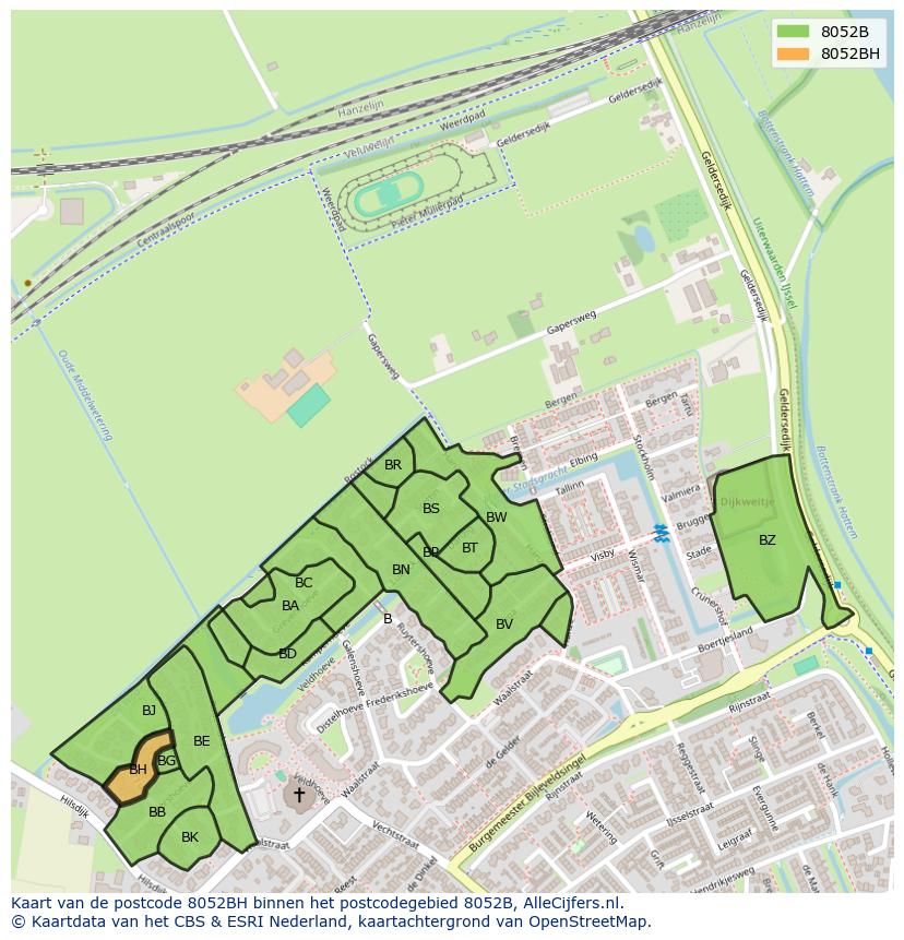 Afbeelding van het postcodegebied 8052 BH op de kaart.