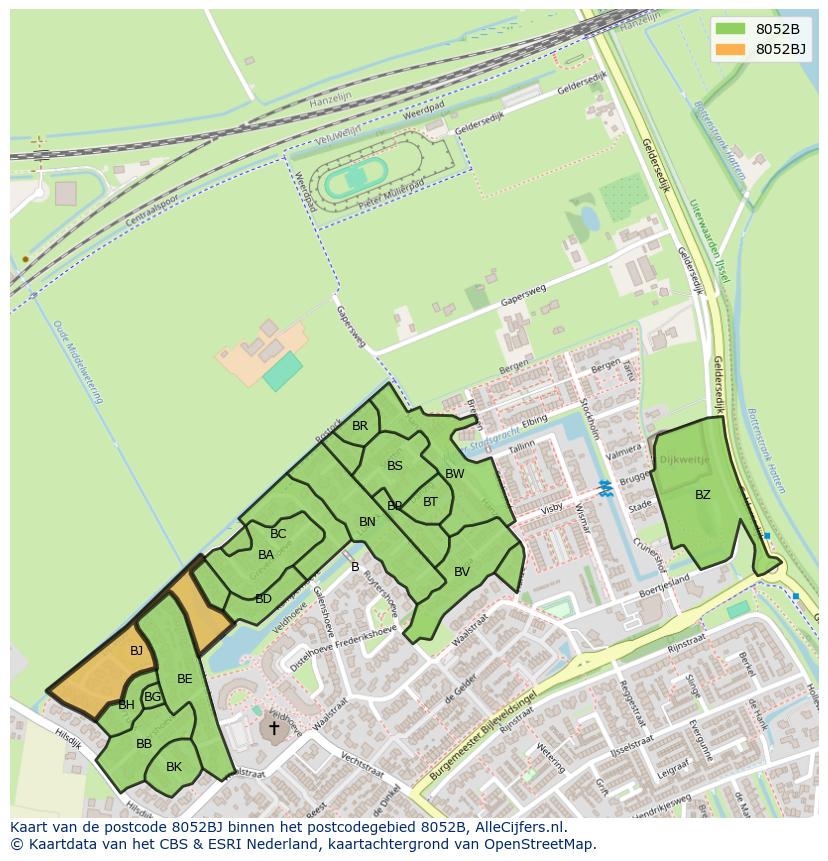 Afbeelding van het postcodegebied 8052 BJ op de kaart.