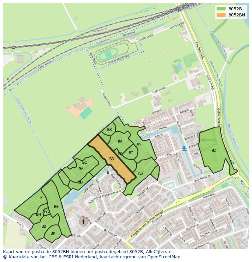 Afbeelding van het postcodegebied 8052 BN op de kaart.