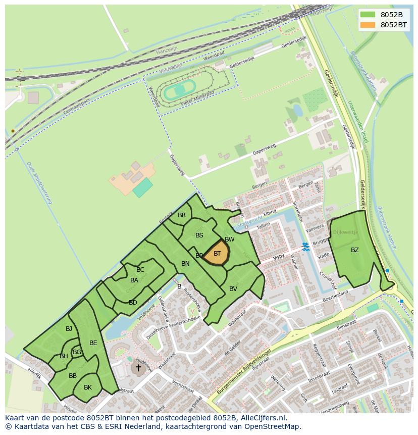 Afbeelding van het postcodegebied 8052 BT op de kaart.