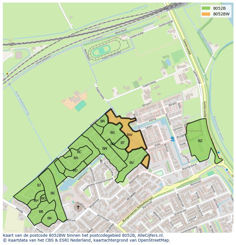 Afbeelding van het postcodegebied 8052 BW op de kaart.