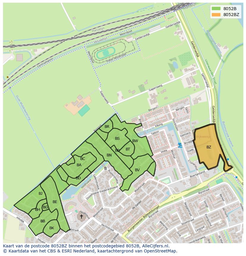 Afbeelding van het postcodegebied 8052 BZ op de kaart.