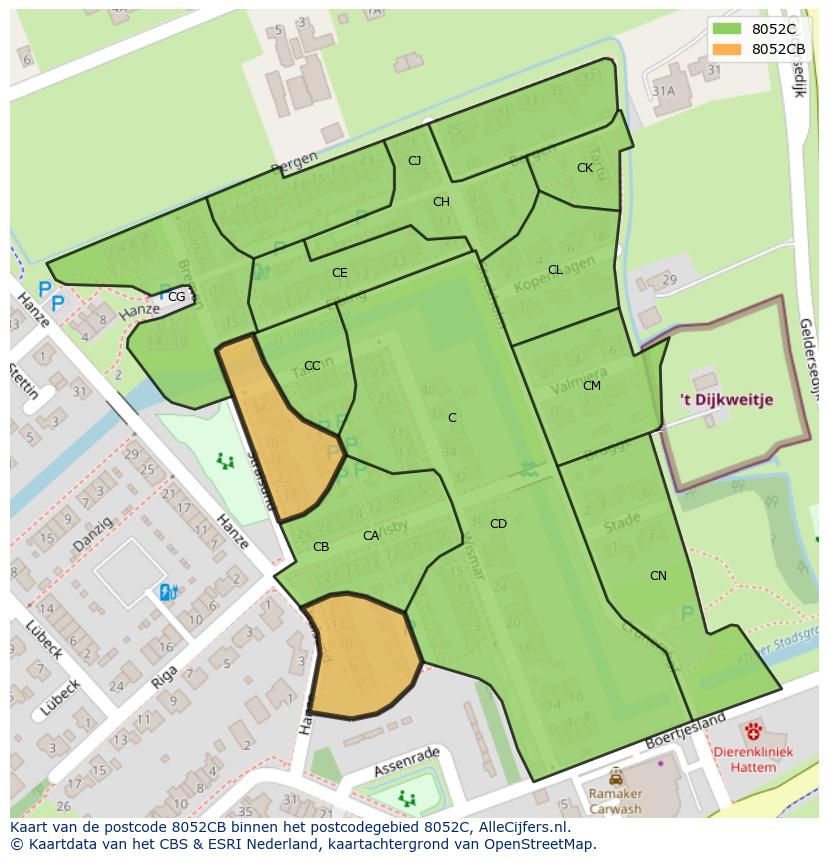 Afbeelding van het postcodegebied 8052 CB op de kaart.