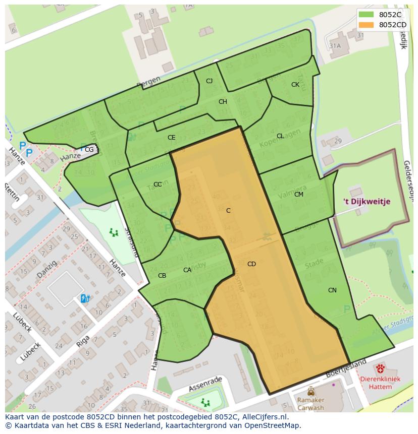 Afbeelding van het postcodegebied 8052 CD op de kaart.