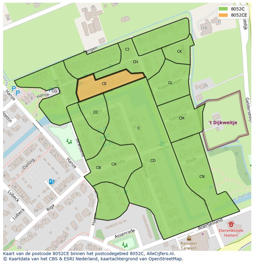 Afbeelding van het postcodegebied 8052 CE op de kaart.