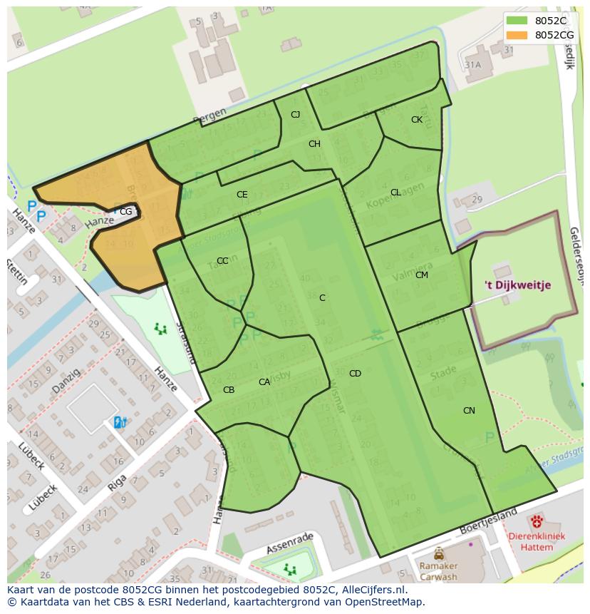 Afbeelding van het postcodegebied 8052 CG op de kaart.