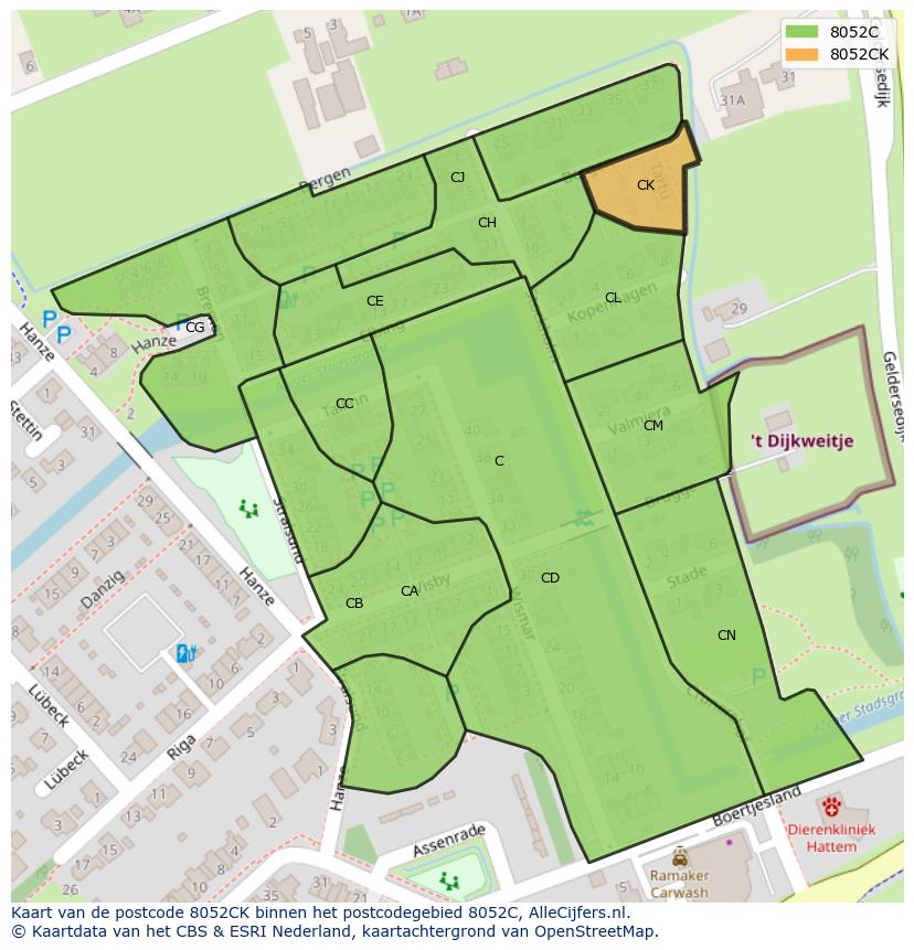 Afbeelding van het postcodegebied 8052 CK op de kaart.