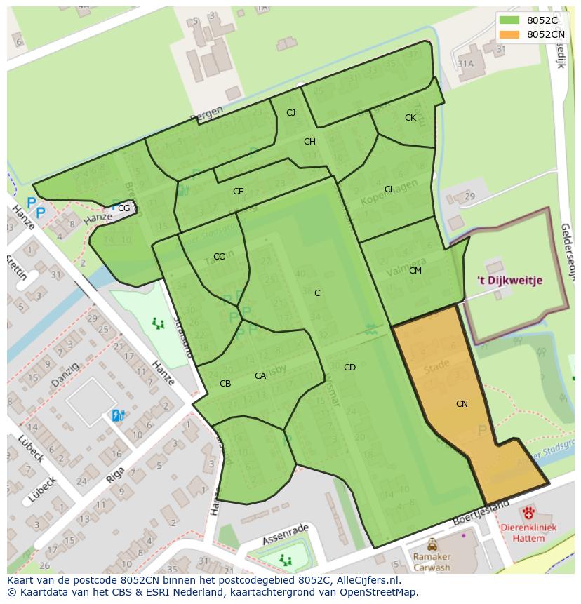 Afbeelding van het postcodegebied 8052 CN op de kaart.