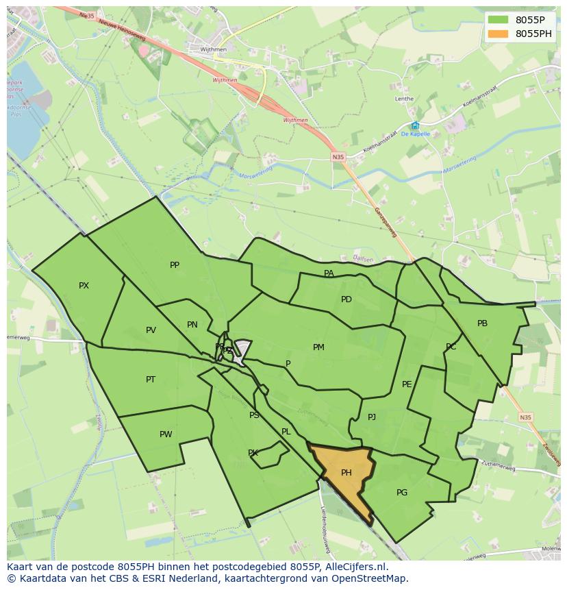 Afbeelding van het postcodegebied 8055 PH op de kaart.