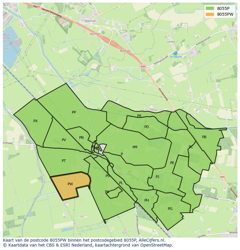 Afbeelding van het postcodegebied 8055 PW op de kaart.