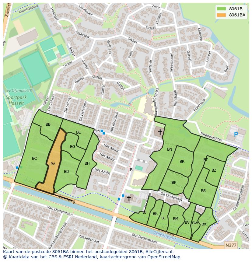 Afbeelding van het postcodegebied 8061 BA op de kaart.