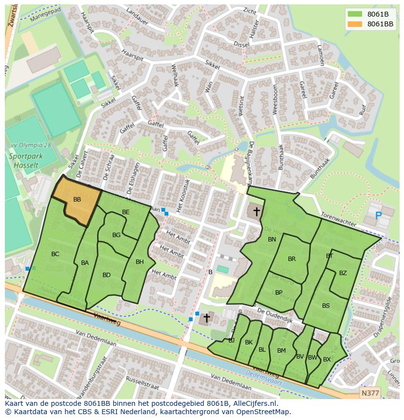 Afbeelding van het postcodegebied 8061 BB op de kaart.